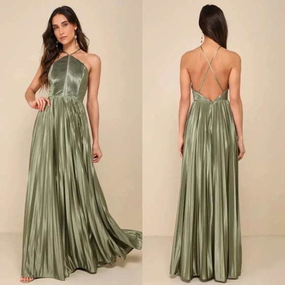 Lulus Elaborate Charm Olive Green Satin Pleated Backless Maxi Dress XL Wedding - Picture 1 of 9
